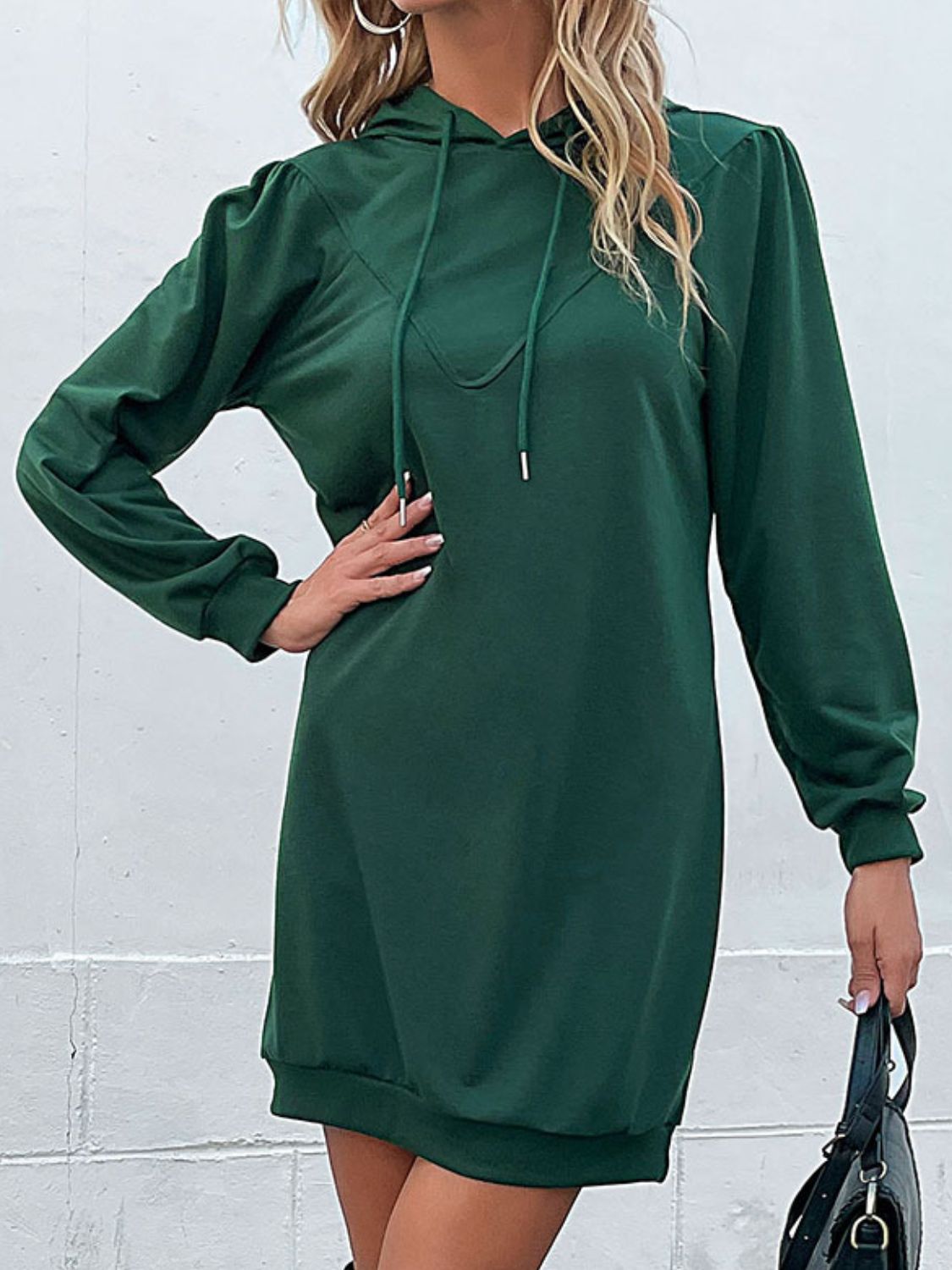 Green hooded mini dress with drawstring and sculpted shoulders