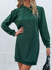 Green hooded mini dress with drawstring and sculpted shoulders