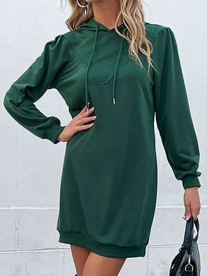 Green hooded mini dress with drawstring and sculpted shoulders