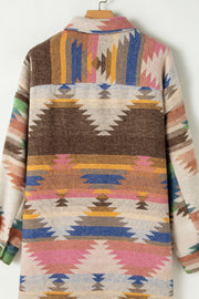 Southwestern print shirt jacket in beige with button closure and colorful geometric pattern.