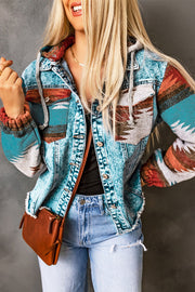 Southwestern print denim hoodie jacket with contrast sleeves and pockets.