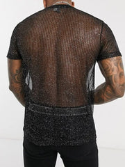 Black glitter mesh mock neck tee with vertical stripes and short sleeves.