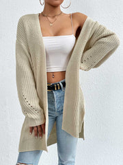 Longline knit open cardigan in beige with subtle eyelet details on sleeves.