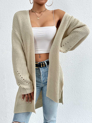 Longline knit open cardigan in beige with subtle eyelet details on sleeves.