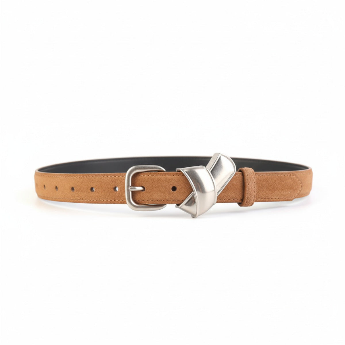 Brown suede belt with sculptural silver buckle and adjustable strap