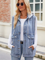Light blue denim utility hooded gilet with buttoned pockets and drawstring hood.