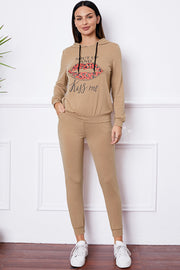 Khaki loungewear set with kiss graphic hoodie and joggers