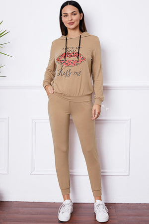 Khaki loungewear set with kiss graphic hoodie and joggers