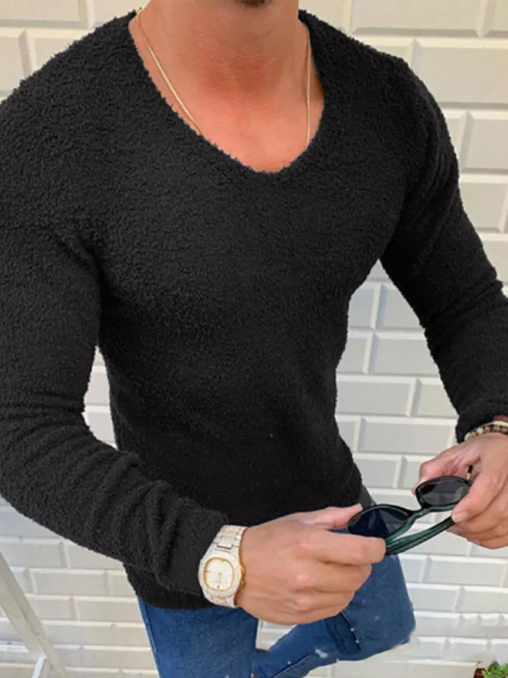 Men's Textured Long Sleeve Sweater Plus Size in Black, front view