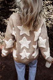 Textured starburst knit cardigan in mocha with white star appliques.