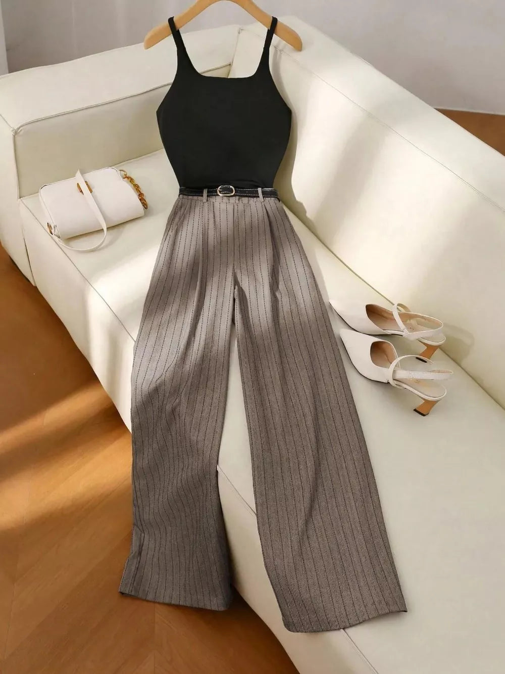 Chic sleeveless top with pinstripe wide-leg pants set, dark gray