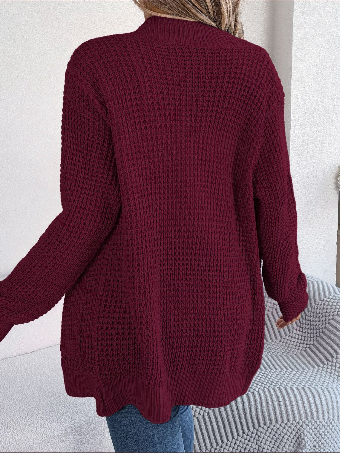 Textured knit open-front cocoon cardigan in wine, acrylic, with long sleeves and relaxed fit.