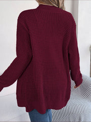 Textured knit open-front cocoon cardigan in wine, acrylic, with long sleeves and relaxed fit.