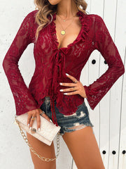 Burgundy lace tie-front blouse with ruffle trim and bell sleeves