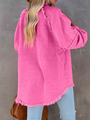 Fuchsia frayed denim overshirt jacket with raw hem and cuffs.