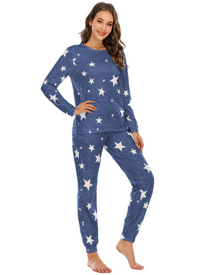 Peacock Blue Starry Night Knit Loungewear Set with crew neck top and pants.