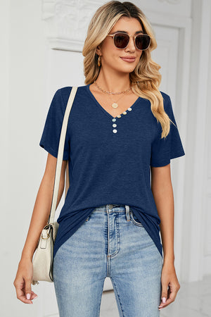 Button-placket henley tee in blue with a V-neck and short sleeves.