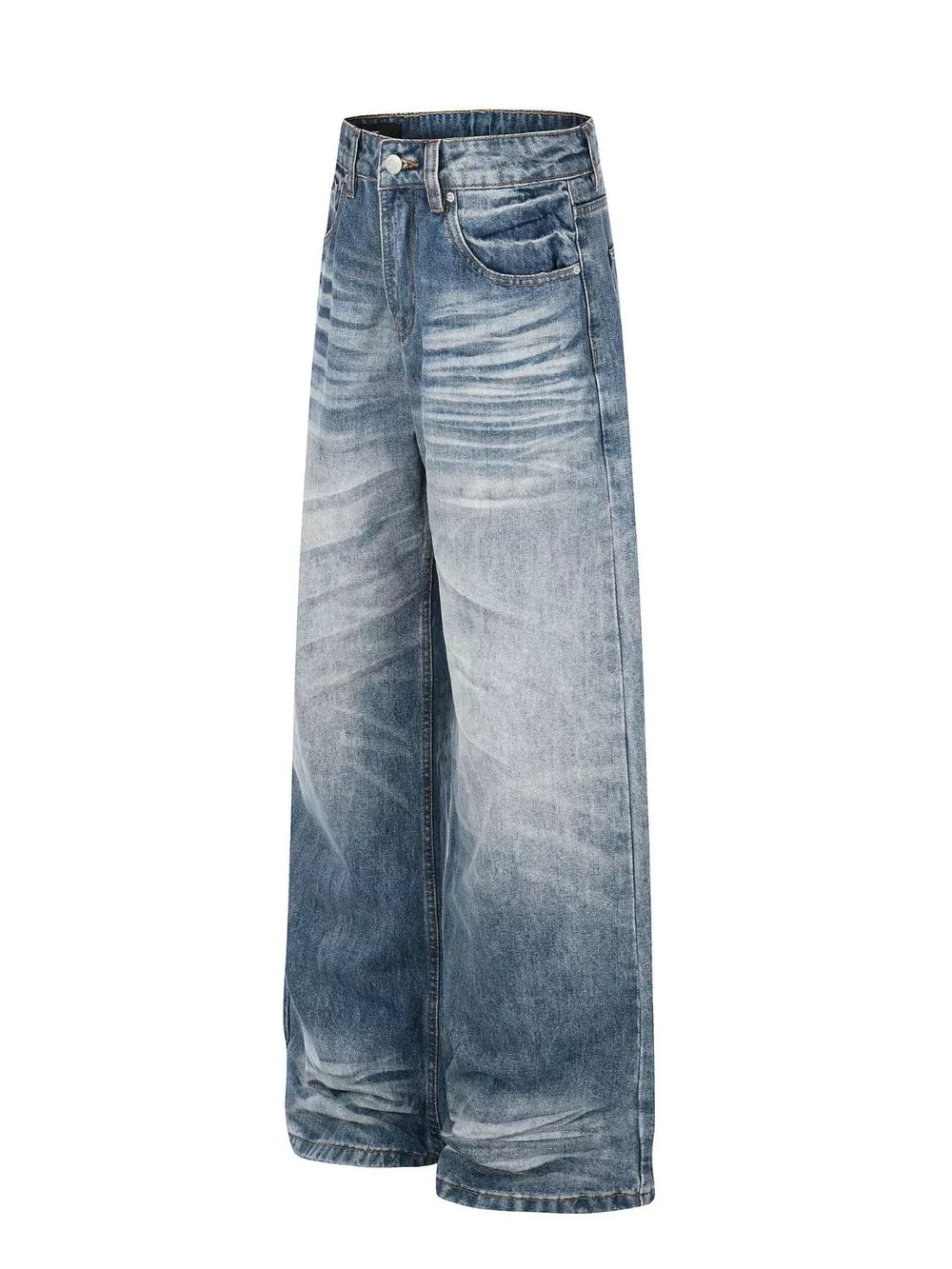 Men's wide leg jeans in vintage wash blue denim with a button fly and classic five-pocket styling.