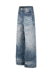 Men's wide leg jeans in vintage wash blue denim with a button fly and classic five-pocket styling.