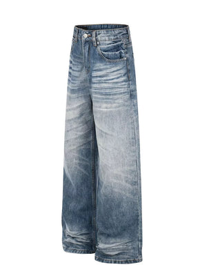 Men's wide leg jeans in vintage wash blue denim with a button fly and classic five-pocket styling.