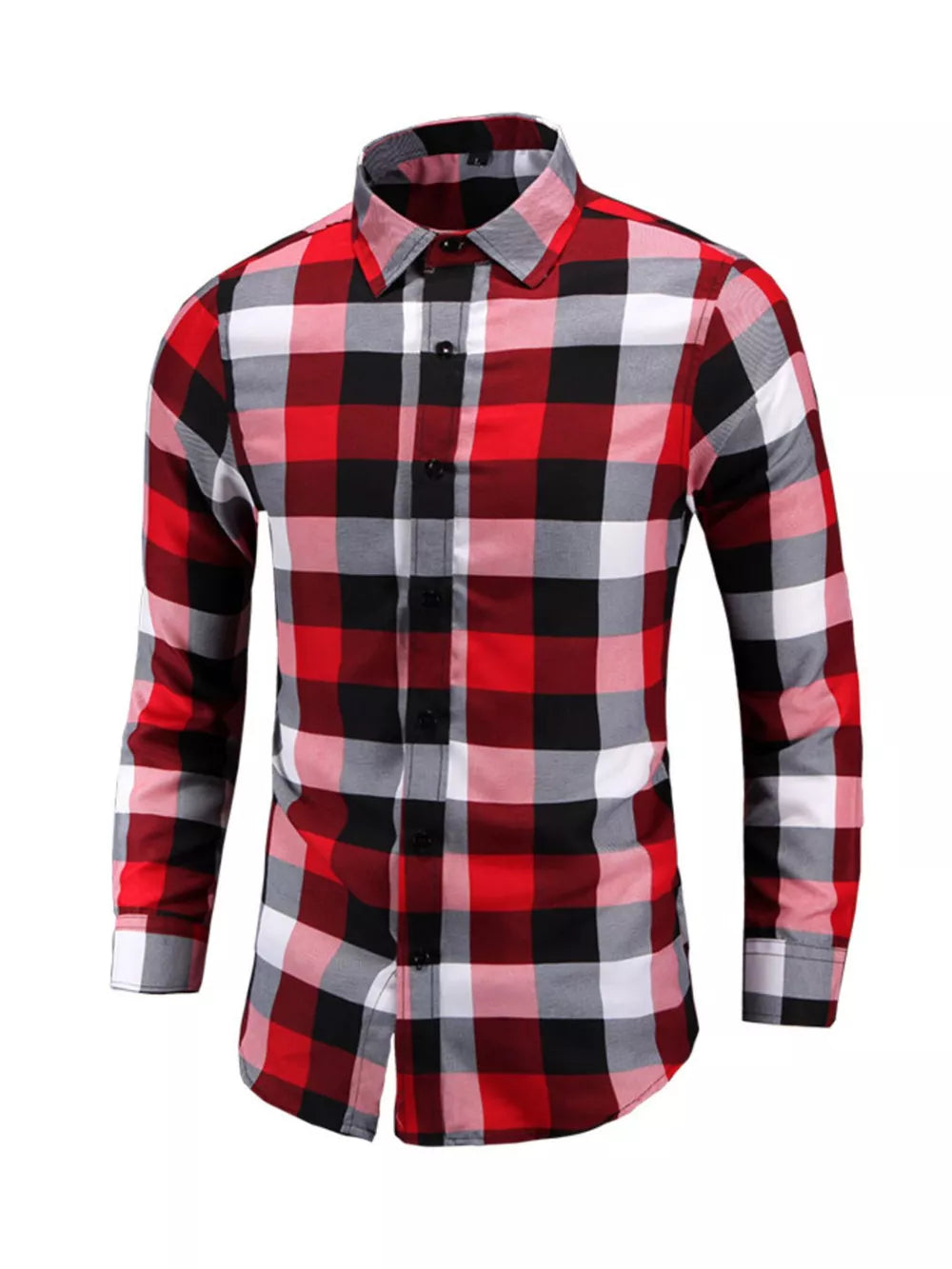 Men's long sleeve buttoned shirt in red, black, and white plaid cotton.