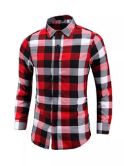 Men's long sleeve buttoned shirt in red, black, and white plaid cotton.