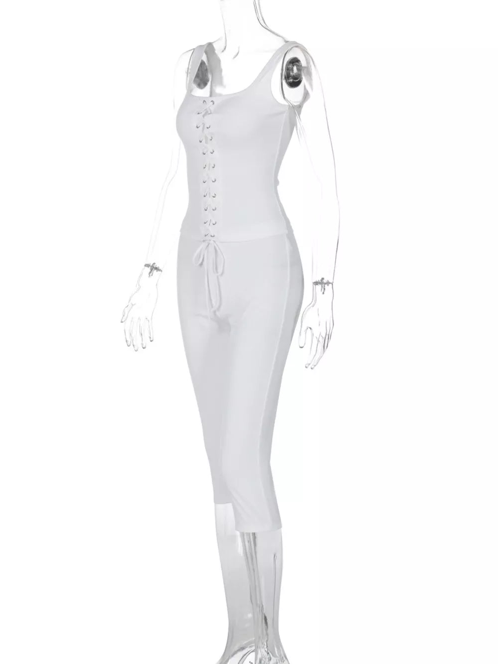 White ribbed lace-up tank top and capri pants ensemble