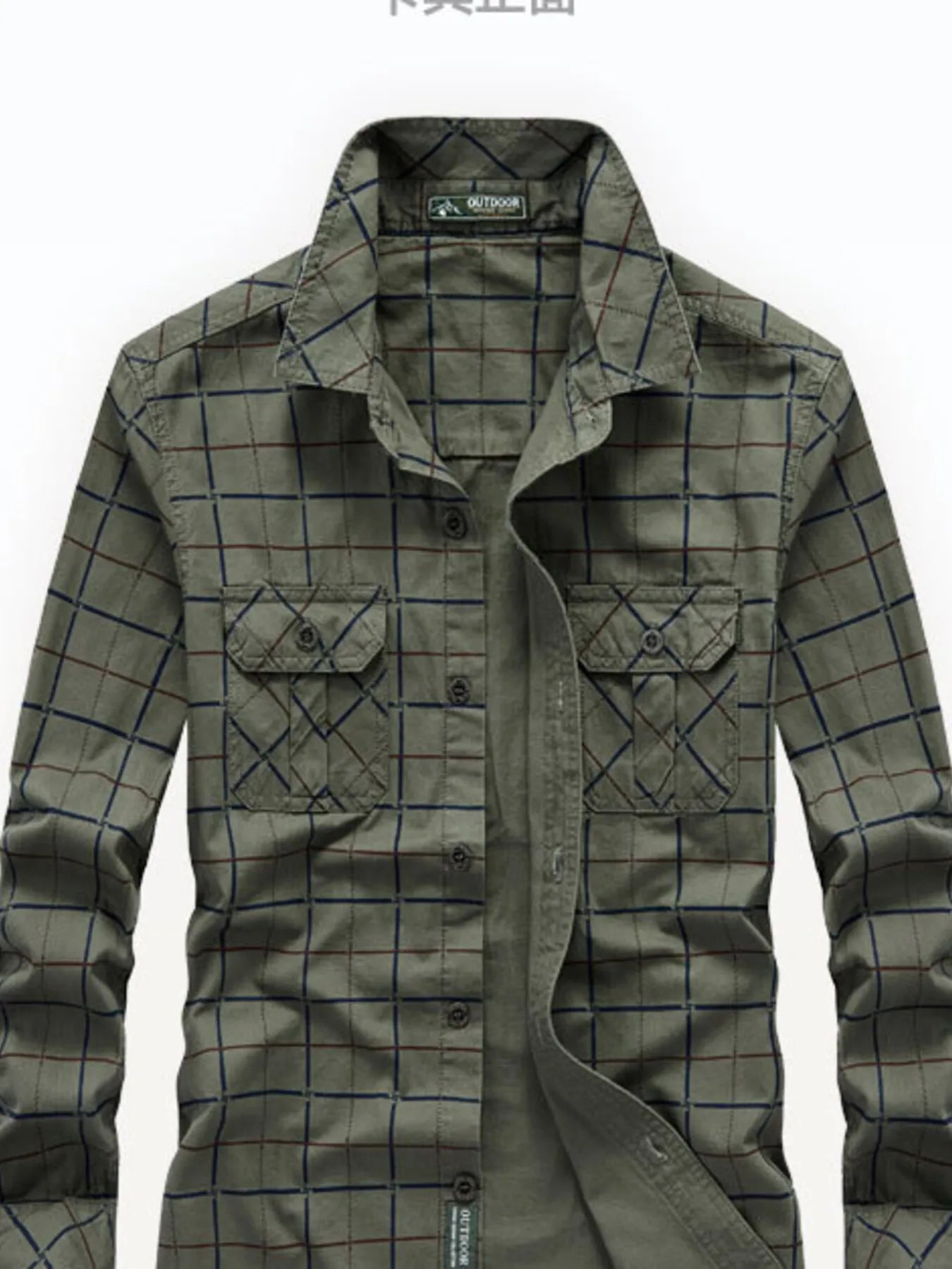 Plus-size casual long-sleeve shirt in Army Green plaid with button-flap chest pockets.