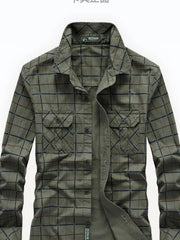 Plus-size casual long-sleeve shirt in Army Green plaid with button-flap chest pockets.