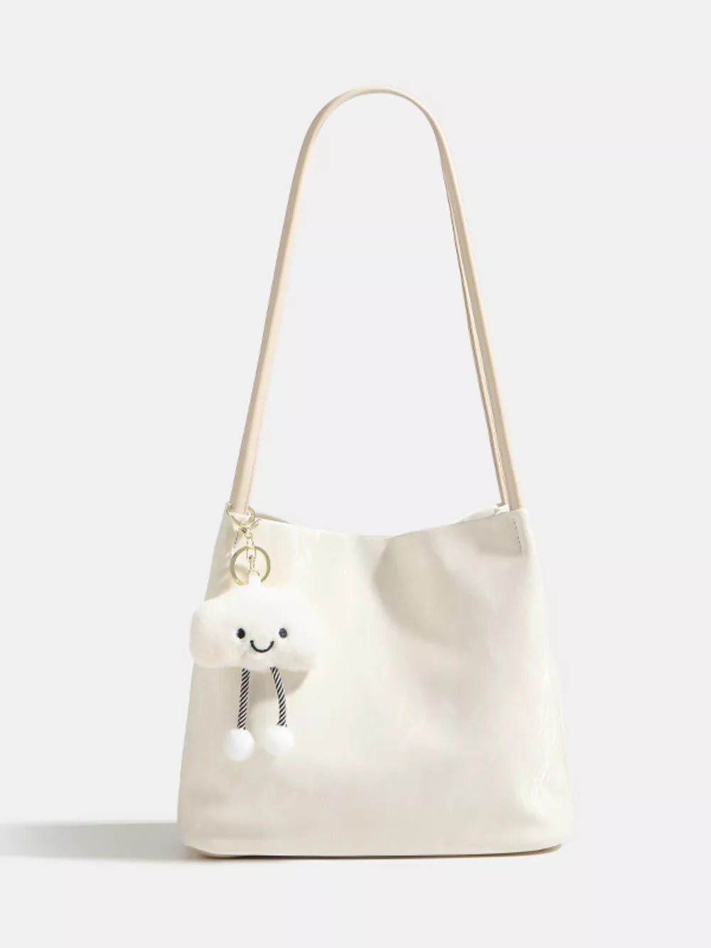 White pu leather shoulder bag with cute cloud charm and dual straps