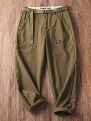 Men's olive green cargo sweatpants with belt and pocket details