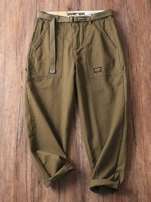 Men's olive green cargo sweatpants with belt and pocket details