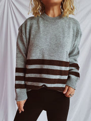 Horizontal stripe ribbed knit sweater in mocha, dark gray, or tan acrylic.