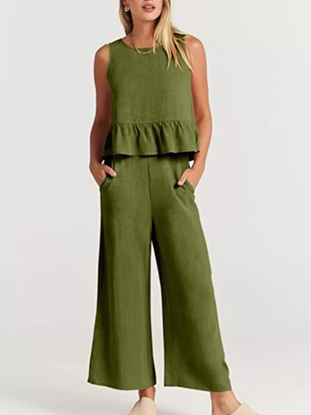 Ruffled Hem Sleeveless Top And Wide-leg Pants Set Plus Size in Black, back view