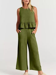 Ruffled Hem Sleeveless Top And Wide-leg Pants Set Plus Size in Black, back view