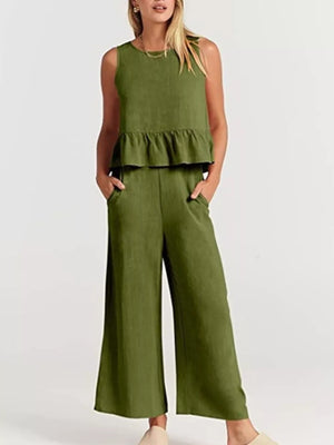 Ruffled Hem Sleeveless Top And Wide-leg Pants Set Plus Size in Black, back view