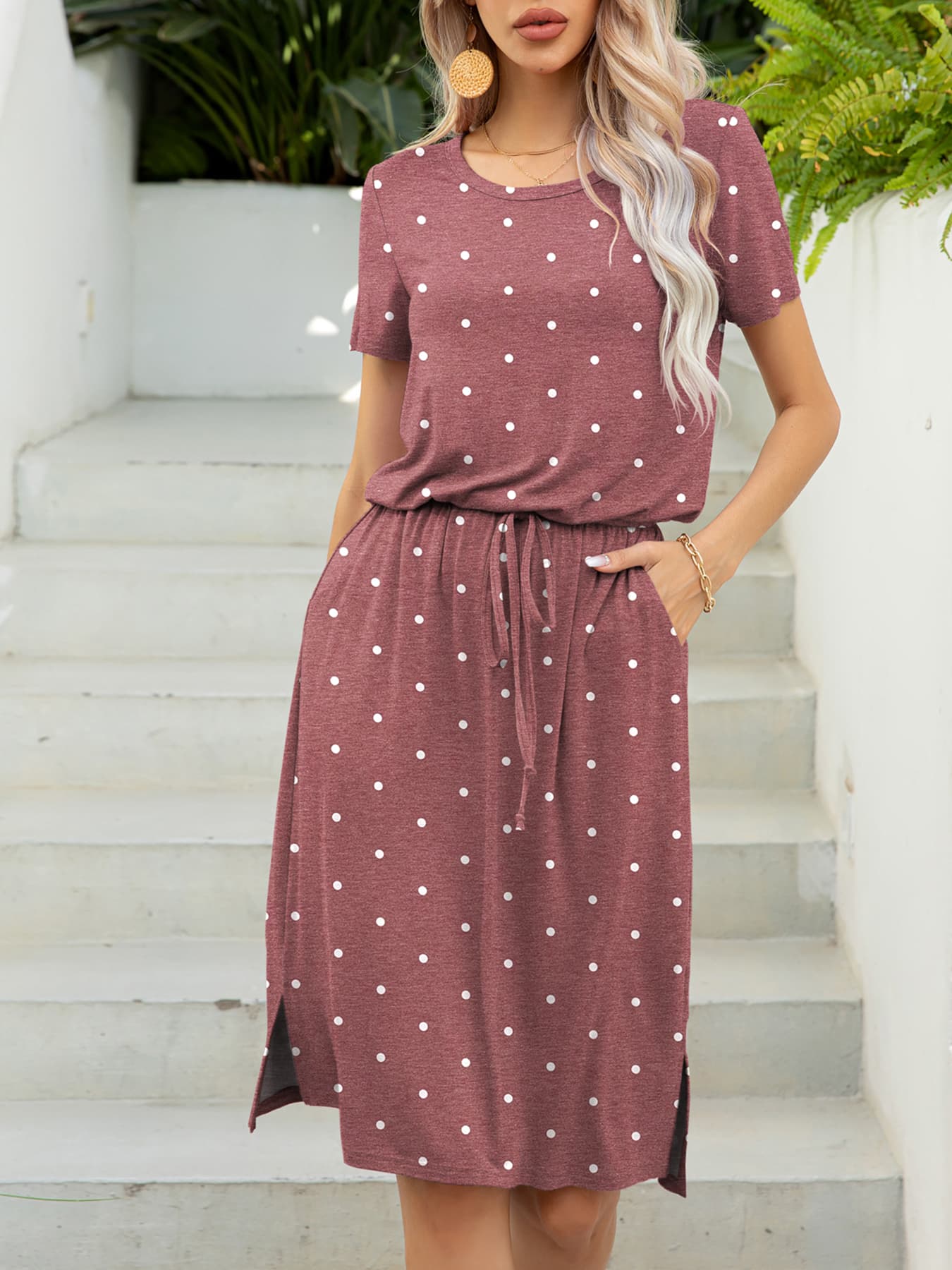 Drawstring waist midi dress in Moonlit Mauve with white polka dots, short sleeves, and side slits.