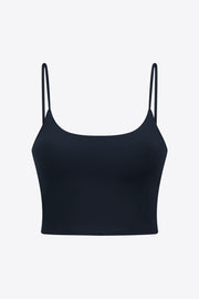 Black spaghetti strap crop top with a scoop neckline