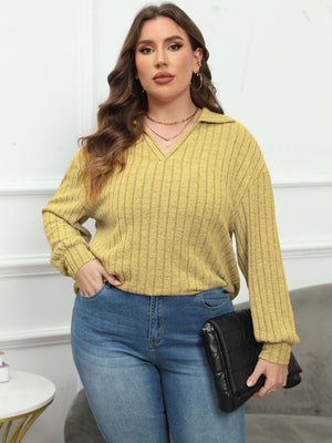 Relaxed ribbed polo top in Banana Yellow with vertical stripes and a V-neck.