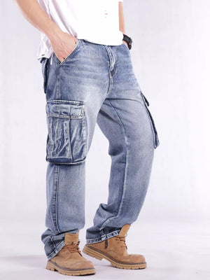 Relaxed fit light wash denim cargo jeans with flap pockets and contrast stitching.
