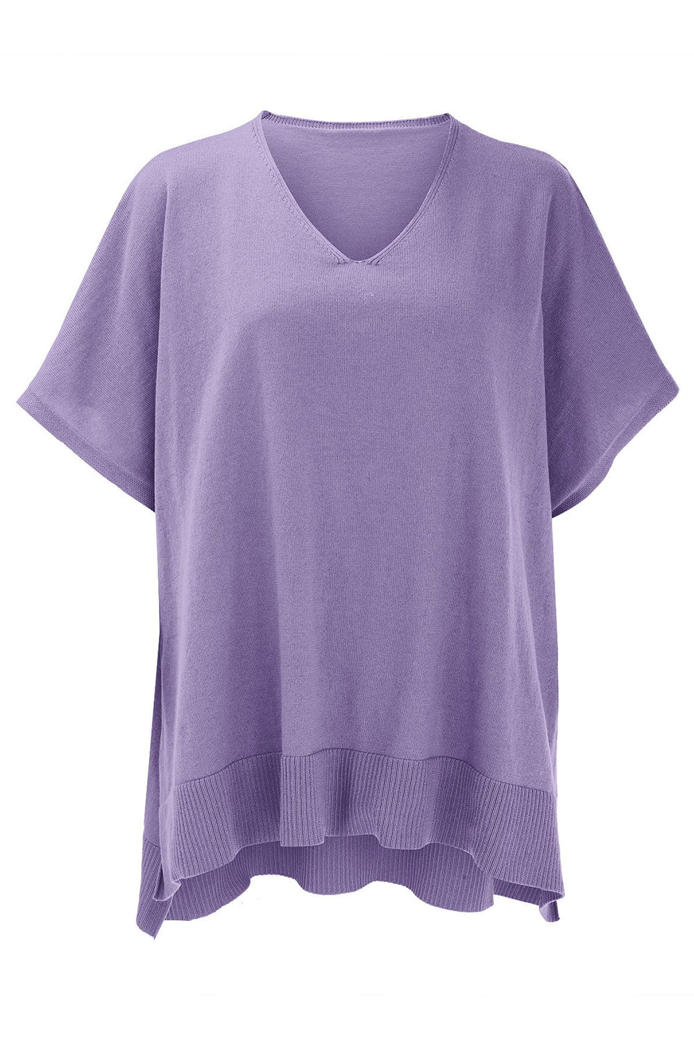 Relaxed V-neck knit poncho top in lavender with ribbed hem and short sleeves.