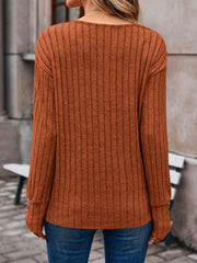 Caramel ribbed knit V-neck sweater with button cuffs, casual long sleeves.