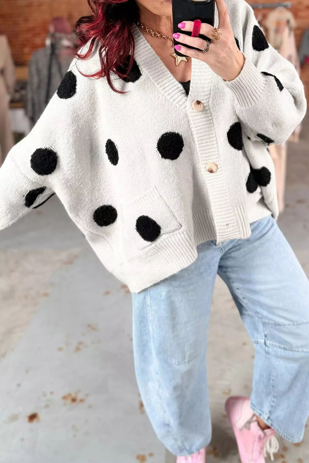 Polka Dot Button Up Cardigan in White, fabric detail
