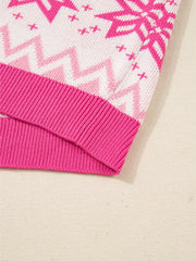 Festive Fair Isle knit top in pink and white with a chevron and snowflake pattern and ribbed hem.