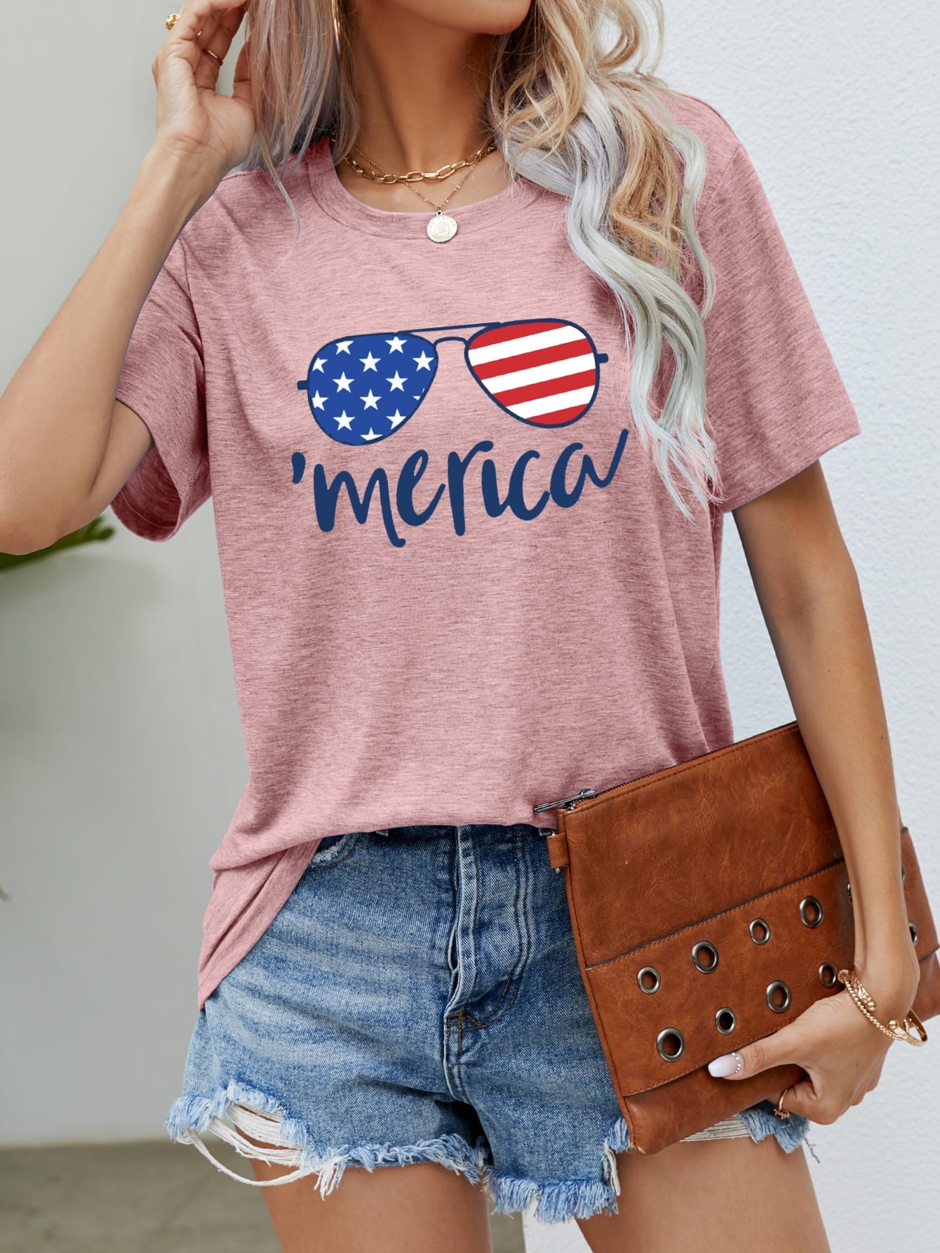 Dusty Pink graphic tee with aviator sunglasses and 'merica script.