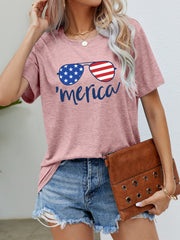 Dusty Pink graphic tee with aviator sunglasses and 'merica script.
