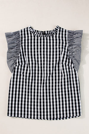 Black gingham blouse with ruffled cap sleeves and a mock neckline.