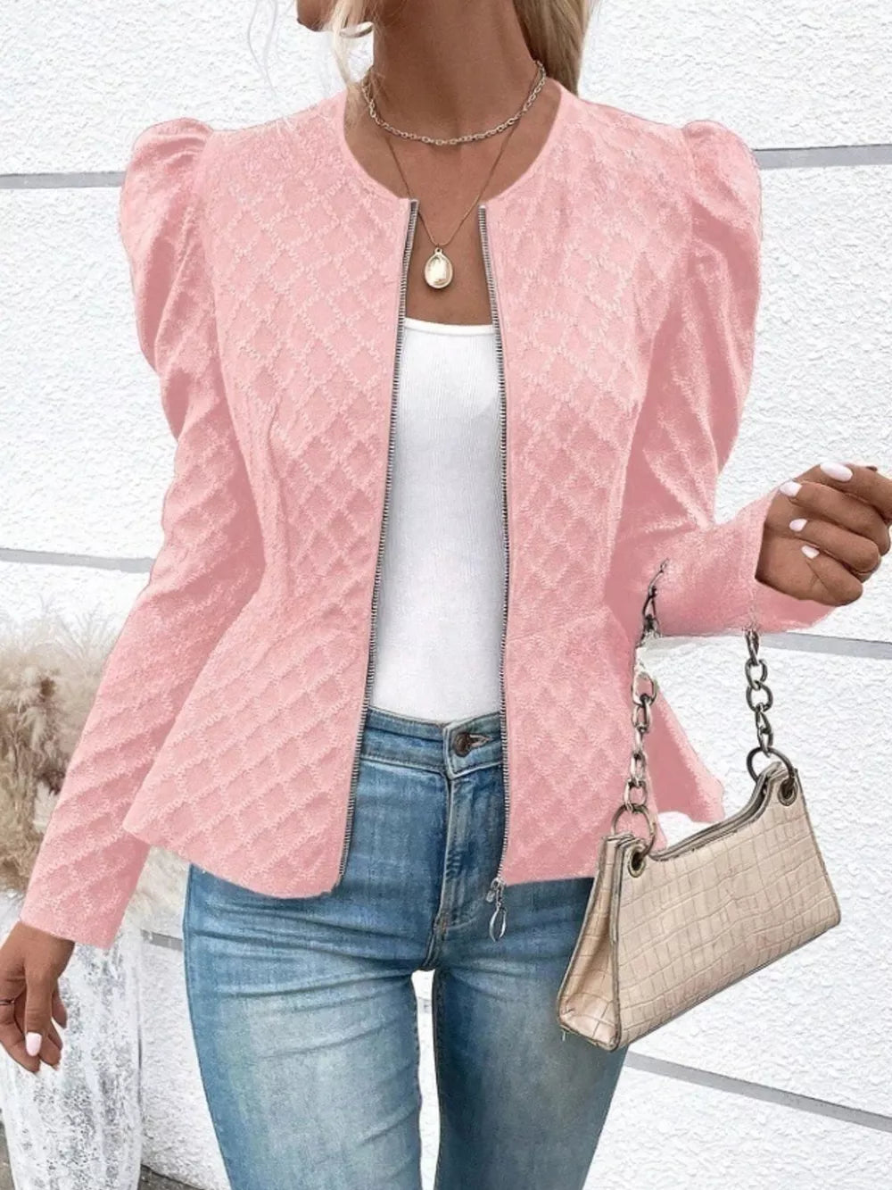 Puff Sleeve Textured Jacquard Jacket in Pink, model styling view