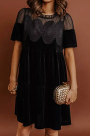 Embroidered Velvet Short Sleeve Mini Dress in Black, close-up detail
