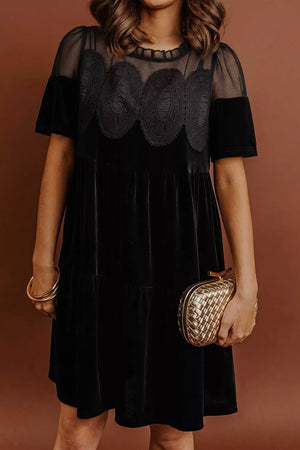 Embroidered Velvet Short Sleeve Mini Dress in Black, close-up detail
